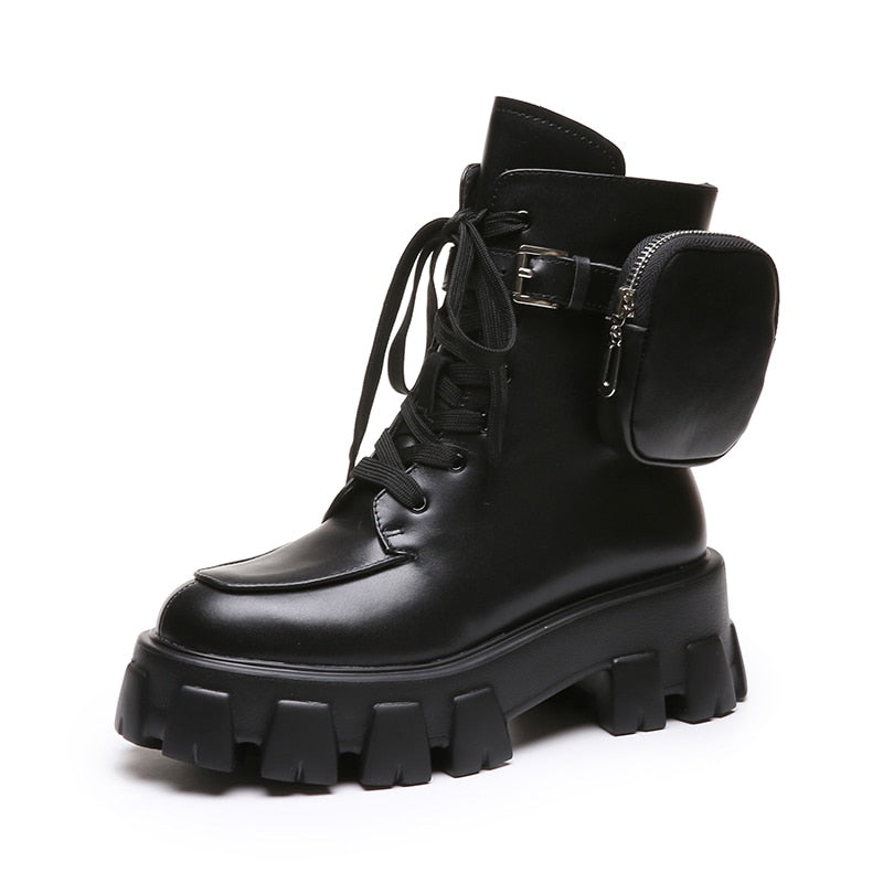 New product Pocket Motorcycle Boots Women Platform Shoes Lace Up Thick-soled Black Military Shoes Woman Half Botas Mujer