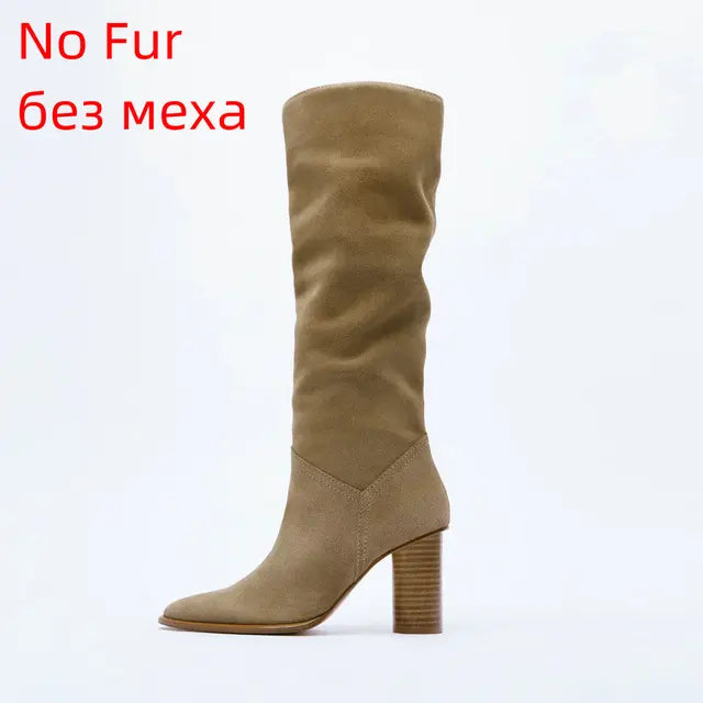 Fashion Women Winter Genuine Leather Knee High Boots Lady Pointed Toe High Heels Party Shoes INS Woman Long Boots 34-42