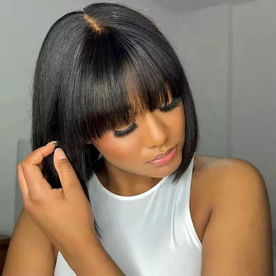 Middle Part 3X1 Hd Lace Wig Bone Straight Human Hair Wigs With Bangs Short Bob Wigs Full Machine Made Short Bob Human Hair Wigs