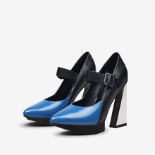 Load image into Gallery viewer, New Platform Women Shallow Pumps Pointed Toe Blue Mixed Black Leather High Heels Chic Mary Jeans Strap Party Stilettos
