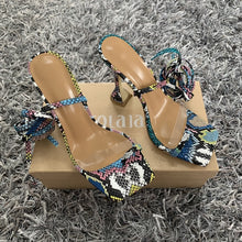 Load image into Gallery viewer, Women High Heels Sandals Summer Outside Snake Print Shoes Woman Lace-Up Cross Strap Gladiator Sandals 11.5CM Heels
