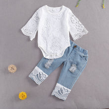 Load image into Gallery viewer, New Fashion 0-24M Baby Girls Fall Clothes Long Sleeve Lace Romper Suit Triangle Crotch Lace Top  Hole Long Jeans 2Pcs Outfit
