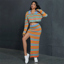 Load image into Gallery viewer, Autumn Knitted Striped Two Piece Sets Women Y2K Long Sleeve Jacket Coat High Slit Long Skirts Suite Evening Party Dress Sets
