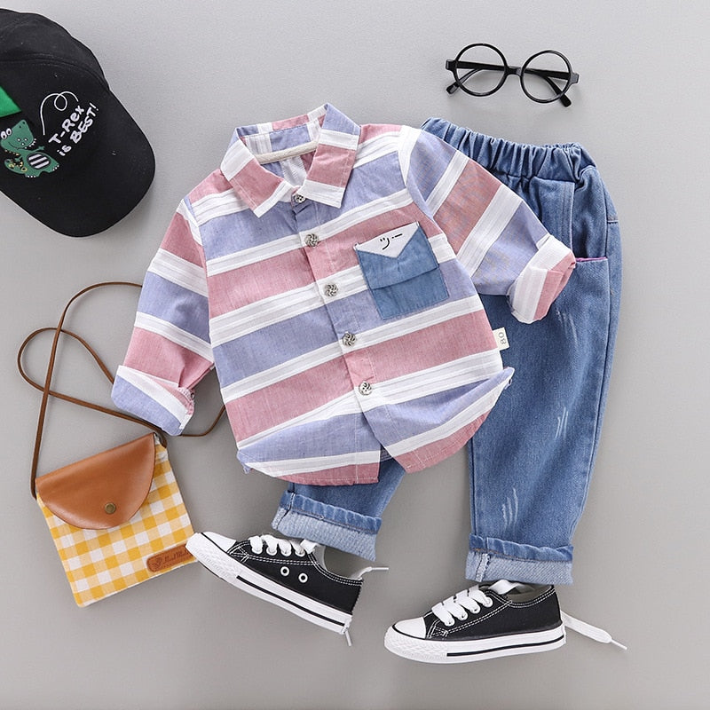 Newborn boy spring striped shirt,jeans 2 piece set